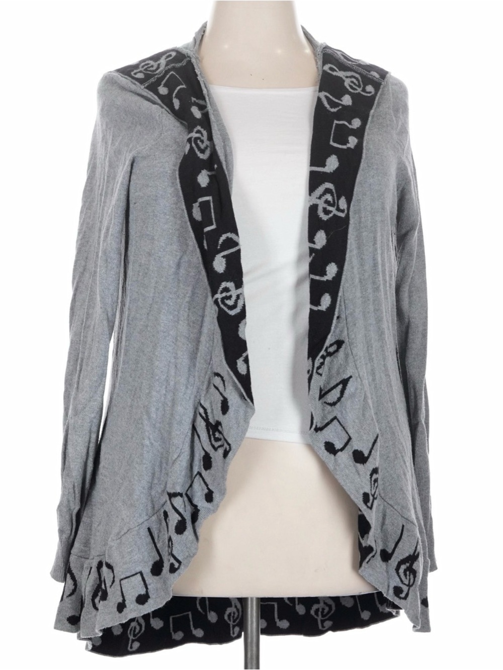Hot Topic Gray Open-Front Cardigan with Black Musical Note Trim